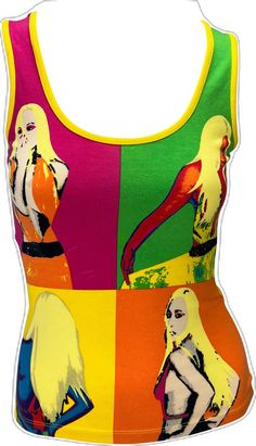 Multicolor Fitted Retro Tank Top, Retro Multicolor Tank Top, Trendy Printed Multicolor Tank Top, Trendy Multicolor Printed Tank Top, Trendy Multicolor Graphic Print Tank Top, Multicolor Graphic Print Tank Top For Summer, Summer Multicolor Graphic Print Tank Top, Sleeveless Top With Vibrant Print, Yellow Retro Sleeveless Tank Top