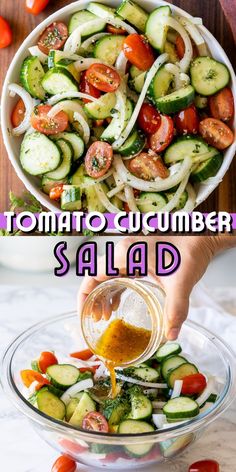 someone is pouring dressing into a salad in a bowl with cucumbers and tomatoes