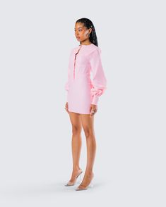 Respectfully boss them around in this pink mini dress 😌 With a bodycon fit, boning at the torso, and seven front buttons, this dress made from comfort stretch fabric will have them following all your orders 💕 Pink Mini Dress For Date Night, Pink Backless Mini Dress For Date Night, Mini Bodycon Dress With Buttons, Mini Length Bodycon Dress With Buttons, Pink Stretch Mini Dress, Pink Mini Dress For Night Out, Spring Bodycon Mini Dress With Buttons, Feminine Fitted Long Sleeve Shirt Dress, Spring Mini Bodycon Dress With Buttons