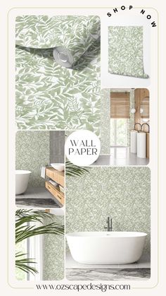 the wall paper is green and white with leaves on it, as well as a bathtub