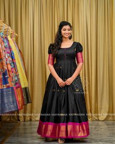 Traditional Frock Designs For Women, Latest Frocks For Women, Sarees Long Frock, Saree Dress Neck Design, Pattupavada Neck Designs, New Designer Gown, Traditional Maxi Dress Indian, Long Frocks With Sarees Pattu, Pattu Frock Designs For Women