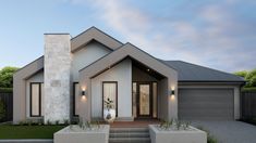 a modern house with two large planters in front of the door and steps leading up to it