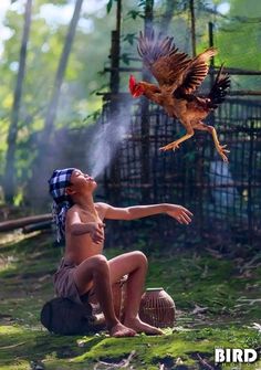 a young boy sitting on the ground with a bird flying over him and another bird in the background