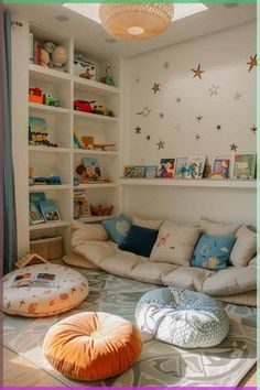 a living room filled with lots of furniture and bookshelves on top of it