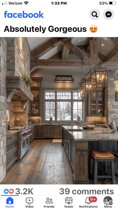 an instagramted photo of a kitchen with wood accents and stone work on the walls