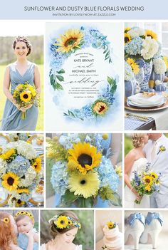 the sunflower and dusty blue florals wedding theme is featured in this collage