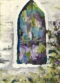 an abstract painting of a window in a white building with blue and green paint on it