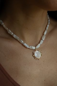 One of a Kind Necklace freshwater pearls in 14k gold filled and mother of pearl pendant Measures 16" - 19" adjustable Final Sale Only one! Elizabeth Jewelry, Mother Of Pearl Pendant, Treasure Box, Pearl Pendant, Mother Of Pearl, Fresh Water, Freshwater Pearls, Final Sale, Wedding Jewelry