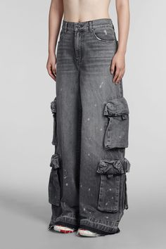 Jeans in grey cotton, button and zip closure, high waist, five pockets, cargo pockets, baggy fit, 100% cotton, Made in Usa, Model is 180 cm and wears size 26 | AMIRI Women's Jeans in Grey Cotton | FW23/24