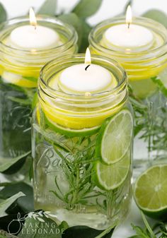 three mason jars filled with lemons and lime slices, surrounded by greenery on the table