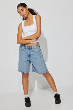 Skater Jort Blue Casual Summer Cutoff Tops, Relaxed Fit Cotton Cutoff Tops, Cotton Relaxed Fit Cutoff Tops, Cotton Cutoff Tops For Everyday, Relaxed Fit Short Tops For Everyday, Trendy Short Tops For Everyday, Casual Everyday Cutoff Tops, Basic Summer Bottoms For Everyday, Basic Everyday Bottoms For Summer