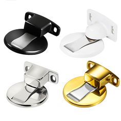 four different types of door knobs with black, white, and gold finishes on them