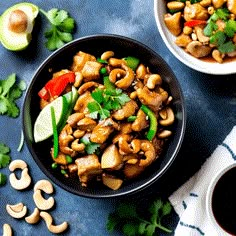 two bowls filled with cashews and vegetables on top of a blue countertop