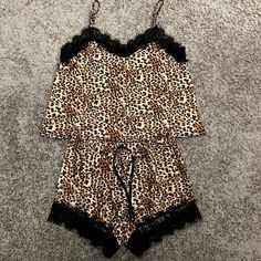 Cheetah Pajamas With A Silk-Like Material And Lace Detail. Brand New Without Tags, Washed Once, In Excellent Condition And Very Soft! Cheetah Pajamas, Black Pjs, Leopards, Gold Black, Lace Detail, Women's Intimates, Pajama Set, Jam, Pajamas