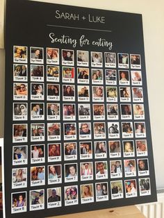 a black board with pictures of people on it that says seating for eating and there are photos of them all over the place