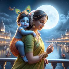 there is a woman holding a child in her arms with the moon behind her and boats on the water