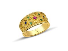 "The beauty of Byzantine style jewelry, completely handcrafted in Greece with the old-fashioned way, is omnipresent. An outstanding 18K solid yellow gold ring with Byzantine design decorated with natural gemstones, remains a classic and elegant choice for everyone. Bold and traditional, you will not take your eyes over your finger. Neither will your friends! High Quality Handmade Greek jewelry! This is a stunning ring that works well for all occasions, styles, and ages. You will love it! ✔ Dimen Ceremonial Yellow Gold Emerald Heirloom Ring, Ceremonial Heirloom Yellow Gold Emerald Ring, Ceremonial Yellow Gold Ring With Historical Design, Ornate Yellow Gold Filigree Ring With Gemstone, Gold Rings With Historical Design, Gold Rings With Historical Design As A Gift, Gold Ring With Historical Design As Gift, Gold Rings With Historical Design For Gift, Ceremonial Ornate Rings With Decorative Band