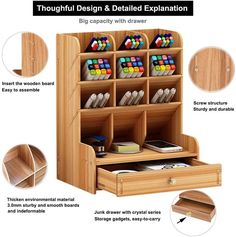 the wooden desk organizer is open and has compartments for pens, pencils, and other office supplies