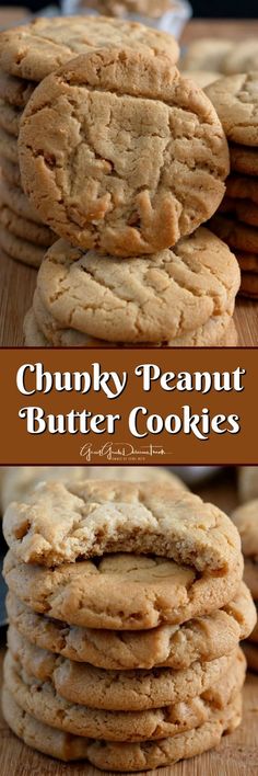 peanut butter cookies stacked on top of each other with the words chunky peanut butter cookies