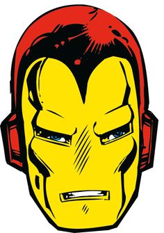 the head of an iron man with red headphones on his ears, looking angry