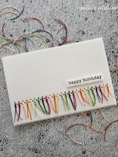 a happy birthday card with colorful streamers on it