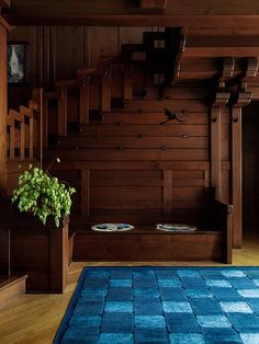 a blue rug in front of a wooden wall with two bowls on it and a potted plant