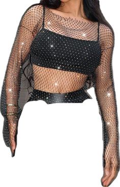 Glamorous Embellished Stretch Crop Top, Embellished Stretch Mesh Party Top, Glamorous Stretch Embellished Crop Top, Embellished Stretch Mesh Top For Party, Glamorous Stretch Embellished Mesh Top, Summer Party Fishnet Crop Top, Fitted Fishnet Crop Top For Night Out, Black Embellished Mesh Top For Party, Stretch Rhinestone Crop Top For Club