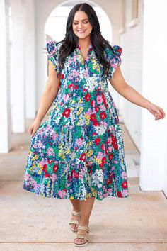 You'll shine brighter than the sun in this gorgeous dress! It has a lovely navy color with a bold floral print that is perfect for the season! Did we mention it has POCKETS?! The ruffled sleeves and a flowy fit that pairs well with heels and your favorite accessories for a sassy sweet look! Self- 100% Cotton Lining- 100% Rayon Jewel Tones Outfit, Maximalist Outfits, Choose To Shine, Shoe Diva, Shine Dress, Mother Daughter Dresses Matching, Clothing Reference, Mother Daughter Dress, Fashion Diva