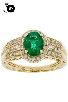 1.19ct oval emerald with .34ctw round white diamond 14k yellow gold ring. Measures approximately .73"L x .41"W. Finished under gallery. Yellow Gold Ring, Green Emerald, Yellow Gold Rings, White Diamond, Emerald Green, Gold Ring, Gold Rings, Emerald, Yellow Gold