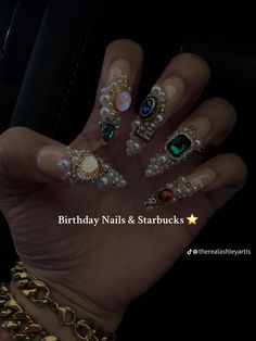 Rhinestone Junk Nails, Junk Nails Long, Gold Junk Nails, Virgo Inspired Nails, Nail Charm Ideas, Junk Nails Bling, Junk Nail Designs, Bling Stiletto Nails