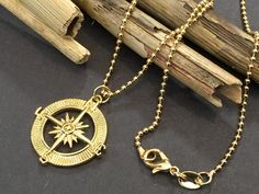 "14k Gold Filled Compass Necklace North Star, Nautical Gold Pendant on a 20\" 18k Gold Filled Ball Chain necklace  Compass Gold Filled Pendant 27x22 mml  14k Gold Filled Chain 20\"" Gold Spiritual Necklace With Compass Design, Gold Spiritual Compass Necklace, Symbolic Gold Necklaces With Compass Design, Symbolic Gold Jewelry With Compass Design, Necklace Compass, Compass Pendant Necklace, Hilton Head Island Sc, Chain Necklace Gold, Compass Pendant