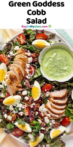 A picture of Green Goddess Cobb Salad with title text at the top. Spring Cobb Salad, Eating Intentionally, Green Goddess Cobb Salad, Cobb Salad Dressing Recipe, Eggs Feta, Cobb Salad Dressing, Seafood Salads, Chicken Breast Salad, Salad Presentation