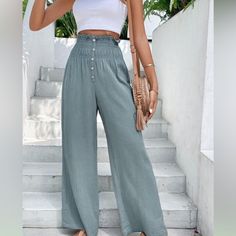 No Tags Brand New Wide Leg Pants Summer Wide Leg Straight Pants With Button Closure, Summer Pants With Button Closure, Casual High Rise Wide Leg Pants For Summer, Summer Straight Leg Wide Pants With Button Closure, Casual Summer Wide Leg Pants With Button Closure, Casual Wide Leg Pants With Button Closure For Summer, Casual Spring Pants With Button Closure, High Waist Non-stretch Bottoms For Vacation, Casual Vacation Bottoms With Button Closure