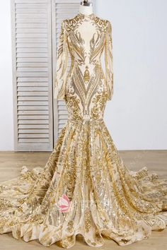 Glamorous Gold Mermaid Dress For Prom, Glamorous Gold Mermaid Dress For Prom Season, Glamorous Gold Mermaid Evening Dress, Gold Mermaid Dress For Prom, Gold Sequined Formal Mermaid Dress, Glamorous Gold Sequin Mermaid Dress, Gold Sequined Mermaid Wedding Dress, Gold Sequined Mermaid Dress For Wedding, Glamorous Gold Long Sleeve Gown