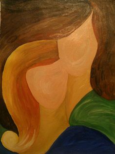 an abstract painting of a woman's face with long hair and green shirt on