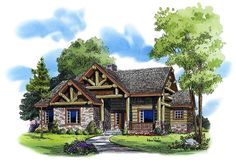 this is an artist's rendering of a log cabin house with stone and wood accents