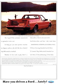 an advertisement for the ford motor company shows a red car with luggage in it's trunk