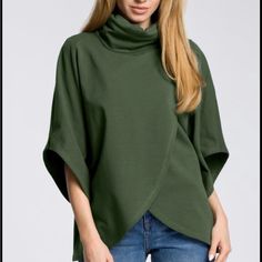 Enhance Your Wardrobe With This Soft Cape-Sleeve Top Styled With A Chic Cowl Neckline And Tulip Hem For Fashion-Savvy Appeal. Size Note: This Item Runs Small. Ordering One Size Up Is Recommended. 90% Cotton / 10% Elastane Machine Wash Imported Shipping Note: This Item Is Shipping Internationally. Allow Extra Time For Its Journey To You. Questions? Leave A Comment Below! Fall Tops With Asymmetrical Hem, Oversized Tops With Asymmetrical Hem For Fall, Solid Color Fall Tops With Asymmetrical Hem, Casual Green Wrap Top, Asymmetrical Tops For Fall Layering, Asymmetrical Tops For Layering In Fall, Fitted Green Funnel Neck Top, Green Stretch Asymmetrical Top, Green Asymmetrical Stretch Top