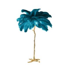 a tall palm tree with blue feathers on it's trunk, against a white background