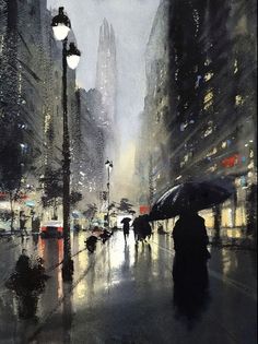 a painting of people walking in the rain with umbrellas on a city street at night