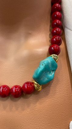 Genuine Turquoise Red Coral Necklace, Large Chunky Turquoise Set, Turquoise Statement Jewelry Set, Gemstone necklace, Handmade Necklace Red Coral Necklace, Coral Jewelry, Coral Necklace, Red Turquoise, Genuine Turquoise, Handmade Necklace, Red Coral, Necklace Handmade, Statement Jewelry