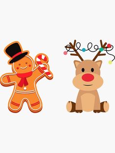 two gingerbreads and a reindeer are on the same white background, one has a red nose