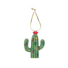 a green cactus ornament with red flowers on it's head and a gold chain