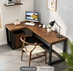 an office desk with a computer on it and a chair in front of the desk