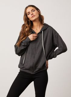 Saylor Sweatshirt in Anthracite – Bailey/44 Athleisure Fall Hooded Jacket With Double-lined Hood, Athleisure Hooded Jacket With Drawstring For Fall, Fall Athleisure Hooded Jacket With Zipper, Athleisure Hooded Jacket For Fall, Sporty Hoodie With Zipper Closure For Fall, Sporty Hoodie With Zipper For Fall, Sporty Zippered Hoodie For Fall, Fleece Hooded Jacket With Drawstring For Fall, Everyday Athleisure Hooded Jacket With Drawstring