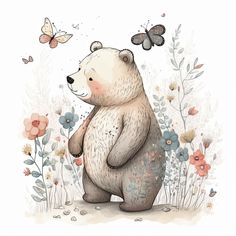 a drawing of a bear standing in the grass with flowers and butterflies flying around it