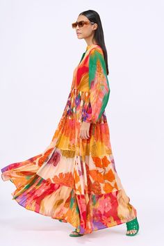 Multicolor dress with floral print and balloon sleeves. - Aza Fashions Tier Dress, Multicolor Dress, Open Design, Balloon Sleeves, Dress For Women, Mandarin Collar, Dress Pattern, Aza Fashion, Floral Print Dress