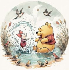 winnie the pooh and her friends are playing in the water with birds flying around