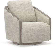 an upholstered swive chair with grey wood trimmings and a beige fabric seat