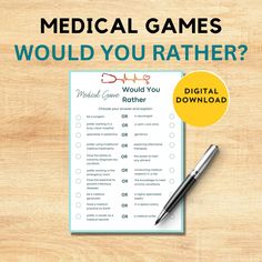 "️ Elevate Your Medical Gathering with our Printable Medical \"Would You Rather\" Game! 🩺🎉 Inject some medical-themed fun and laughter into your next nurse or doctor party with this engaging and thought-provoking game. Whether you're hosting a gathering of healthcare professionals or simply seeking a unique icebreaker for your medical event, our \"Would You Rather\" game promises to entertain, amuse, and spark lively conversations. 🏥 Product Details: 10 medical-themed \"Would You Rather\" que Medical Event, Doctor Party, Perioperative Nursing, Would You Rather Game, Graduation Party Games, Nurse Party, Scrub Tech, Would You Rather Questions, Team Building Activities